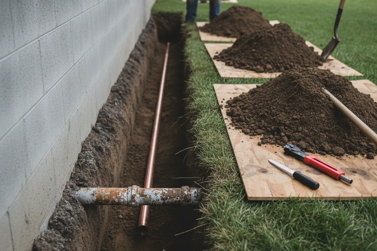 Excavated water line trench during Sewer Line Repair in Coronado